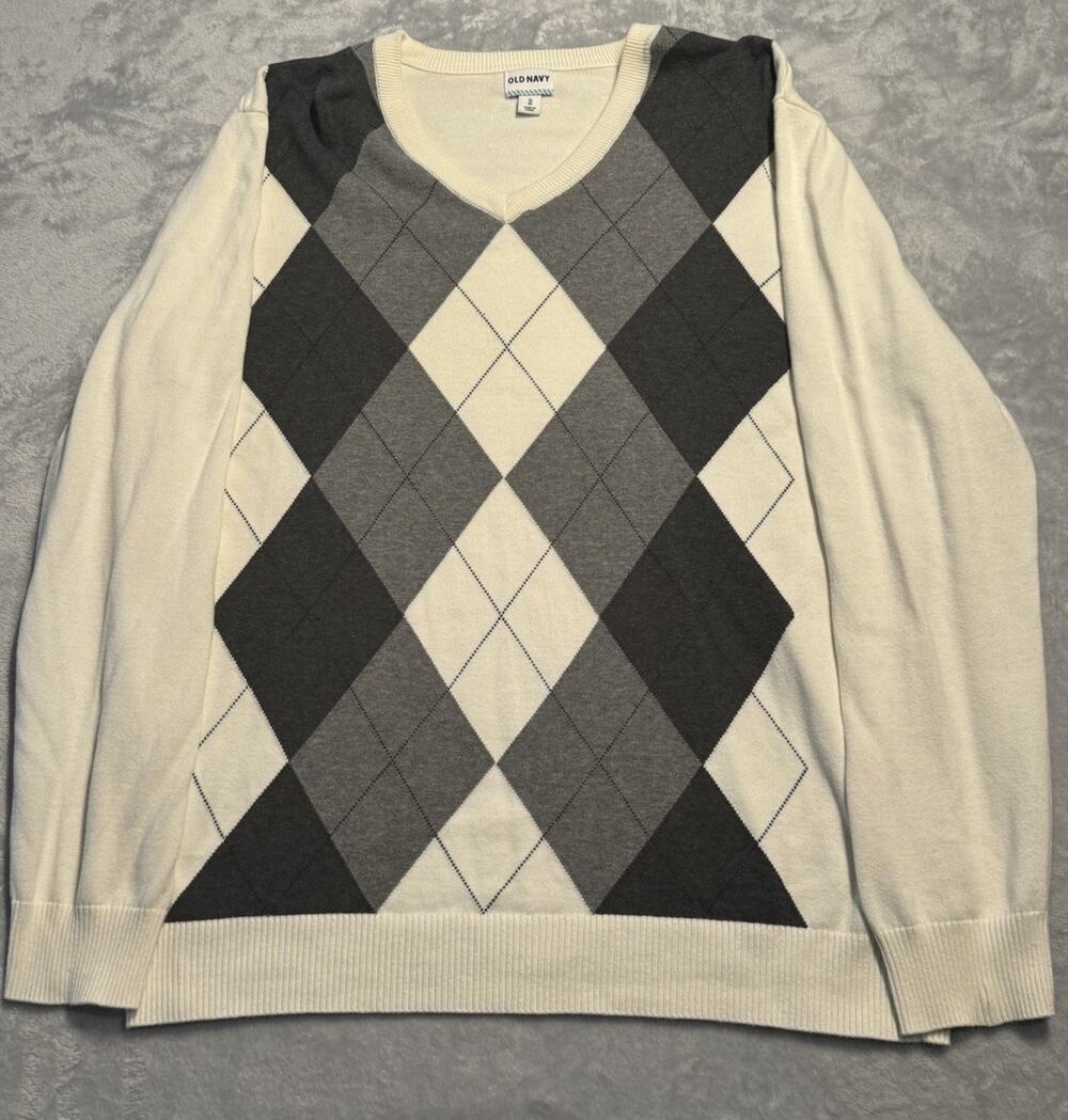 XL Argyle Knit V Neck Sweater Neutral Tan Cream Black Gray Diamond Old Navy Y2K